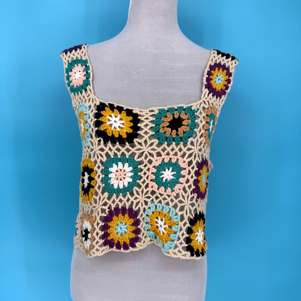 Rebellion Again Womens XL Crochet Granny Square Tank Top Multi Color Boho Knit